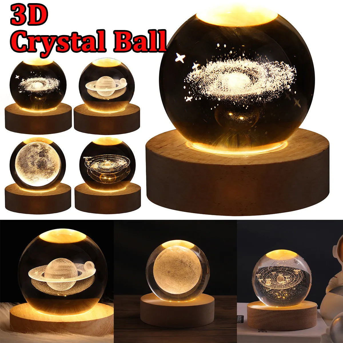 Lámpara de mesa con forma de bola de cristal y luz nocturna LED, con forma de galaxia, planeta y luna en 3D, para decoración del hogar y el dormitorio, para fiestas infantiles, regalos de cumpleaños