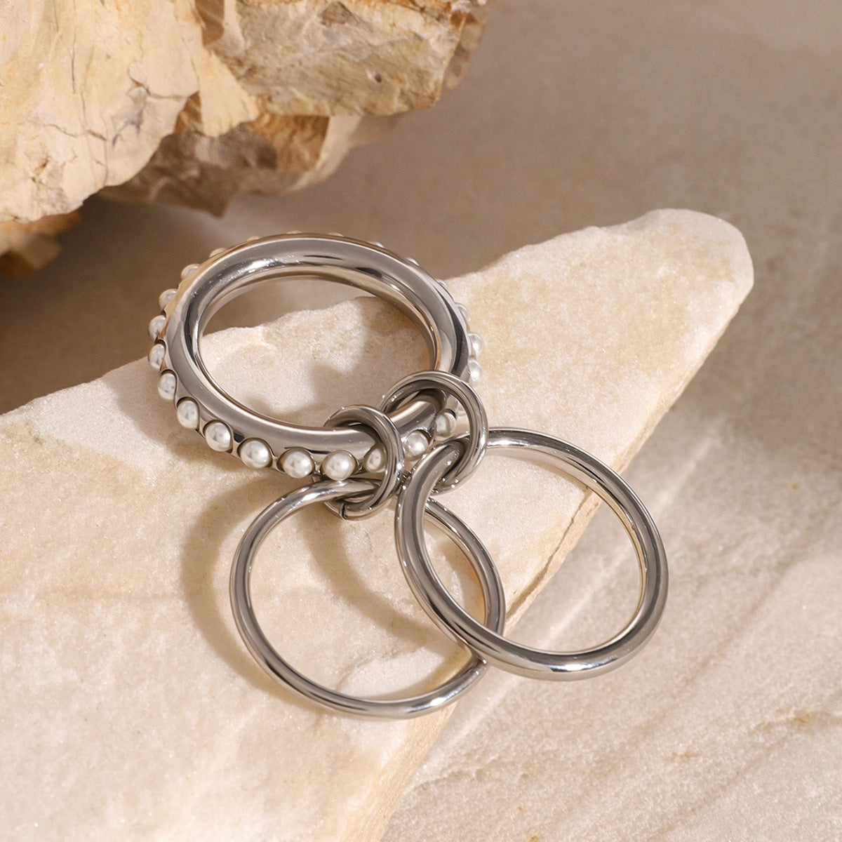 Stainless Steel Multi-layer Twin Pearl Ring