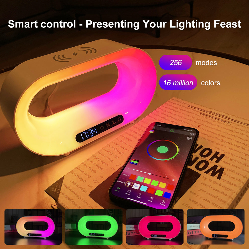 Lámpara de escritorio con luz nocturna LED multifunción 3 en 1, control por aplicación, ambiente RGB, cargador inalámbrico multifuncional inteligente, reloj despertador